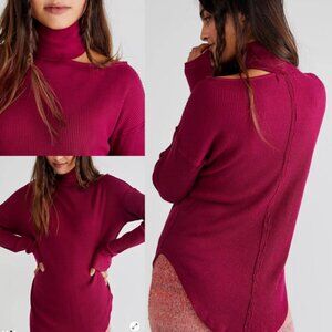 NEW Free People Just For You Cutout Shoulder Mock Neck Thermal Top Wine $98 S